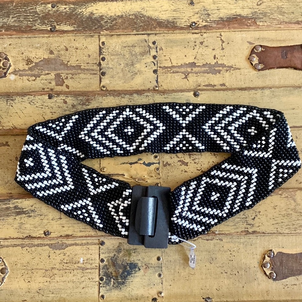 ANTHROPOLOGIE BEADED BELT BOHO FULL BEAD STRETCH WIDE BELT M L NWT INDIA WOOD